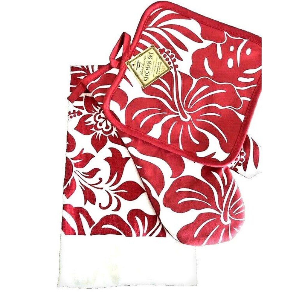 Red White Hibiscus Floral Kitchen Dish Towel Oven Mitt Potholder Set of 3